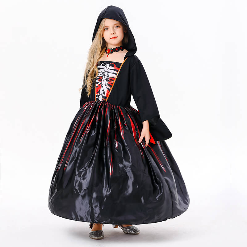 Little Girls Skeleton Witch Robe Kids Halloween Cosplay Party Costume