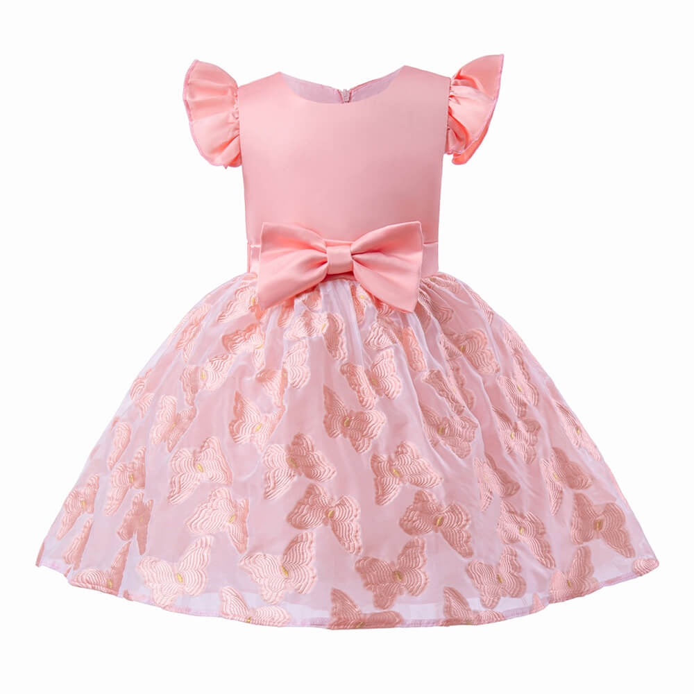 Little Girls Butterfly Embroidery Bow Waist Princess Party Dress