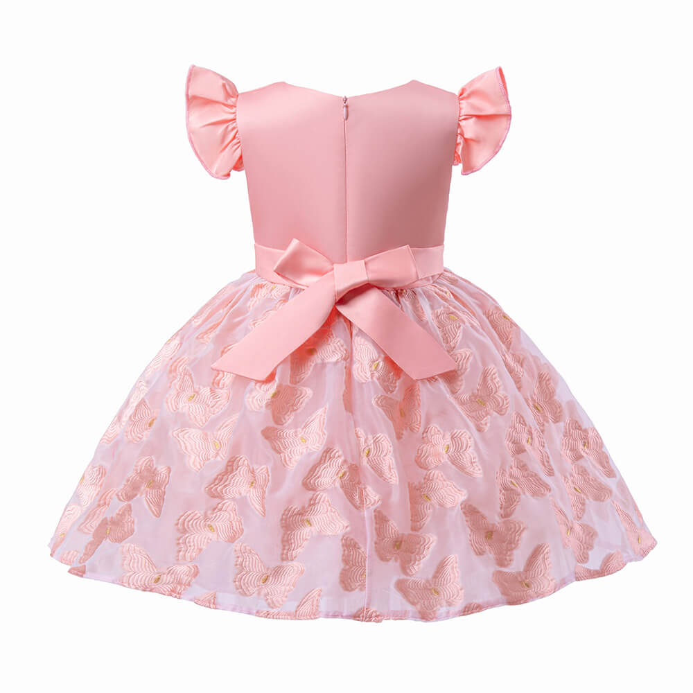 Little Girls Butterfly Embroidery Bow Waist Princess Party Dress