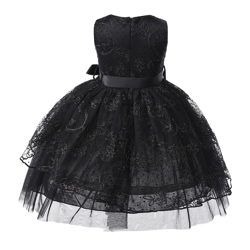 Little Girls Gold Flower Embroidery Bow Waist Birthday Black Dress