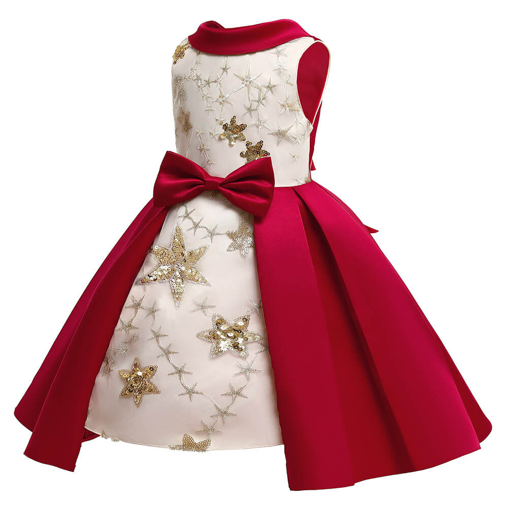 Little Girls Gold Sequin Star Embroidery Red Contrast Formal Dress