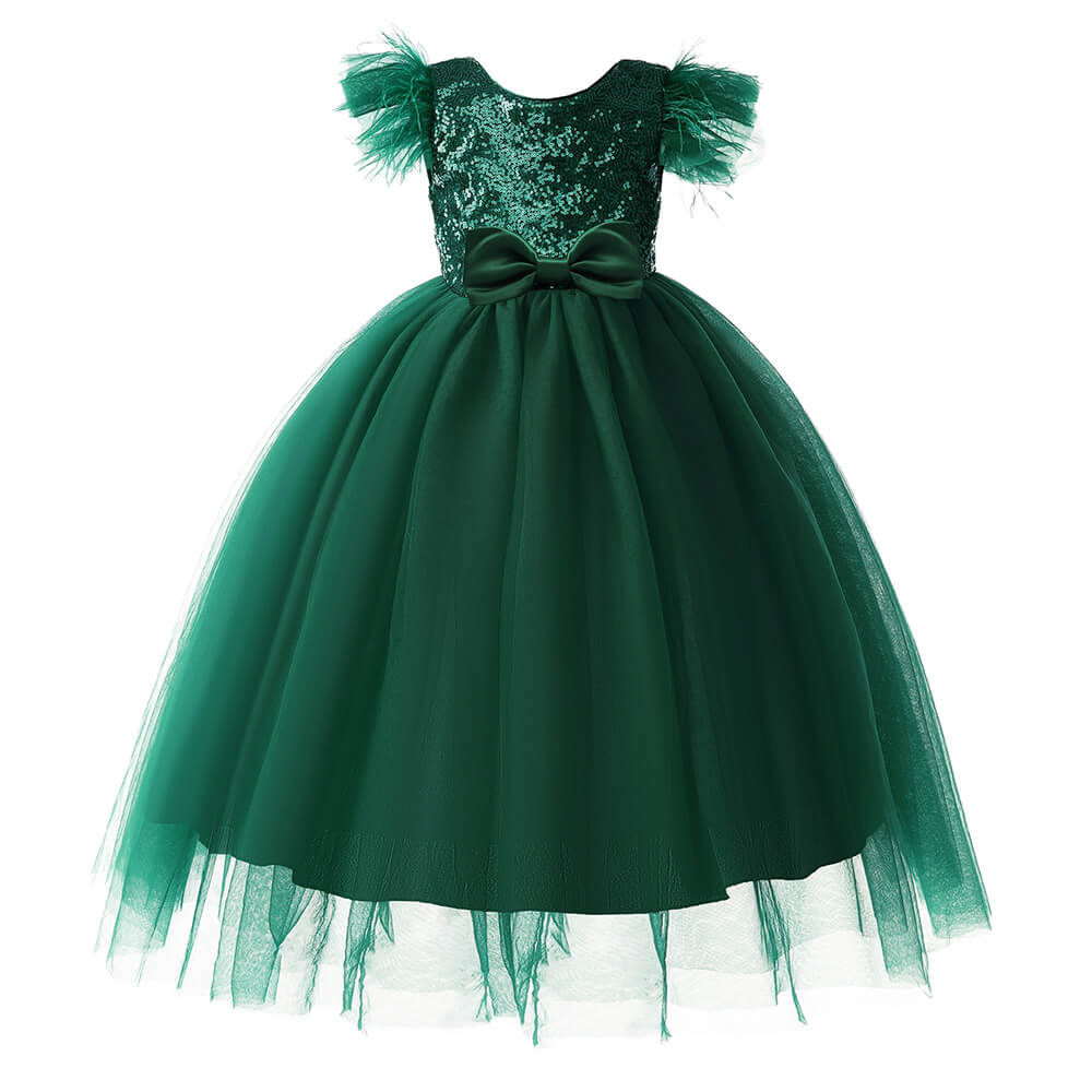 Little Girls Sequined Top Bow Waist Birthday Party Formal Tulle Dress