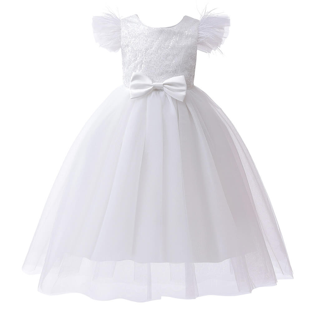 Little Girls Sequined Top Bow Waist Birthday Party Formal Tulle Dress
