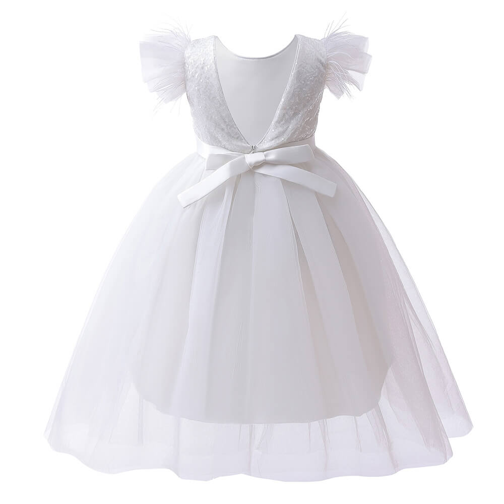 Little Girls Sequined Top Bow Waist Birthday Party Formal Tulle Dress