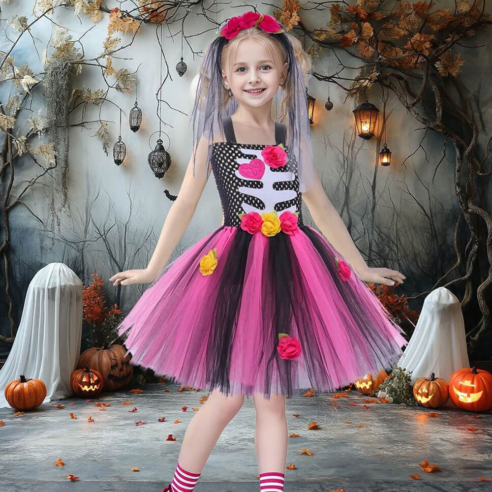 Little Girls Corpse Skeleton Bride Dress Halloween Cosplay Costume