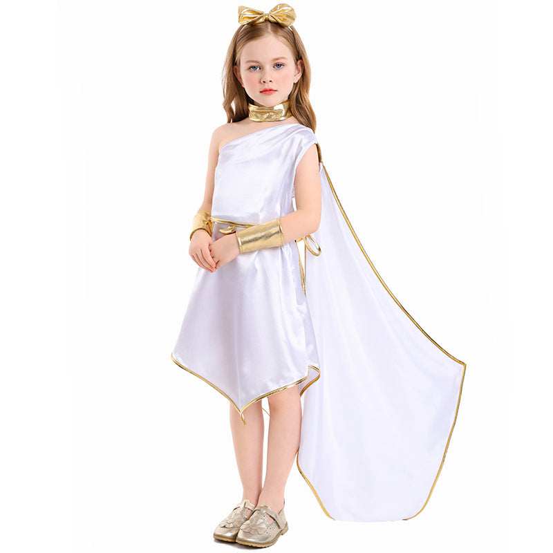 Little Girls Ancient Greek Goddess White Dress Halloween Party Costume