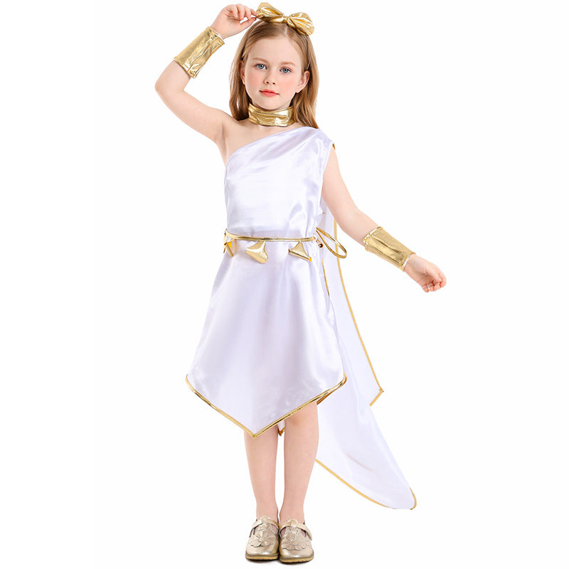Little Girls Ancient Greek Goddess White Dress Halloween Party Costume
