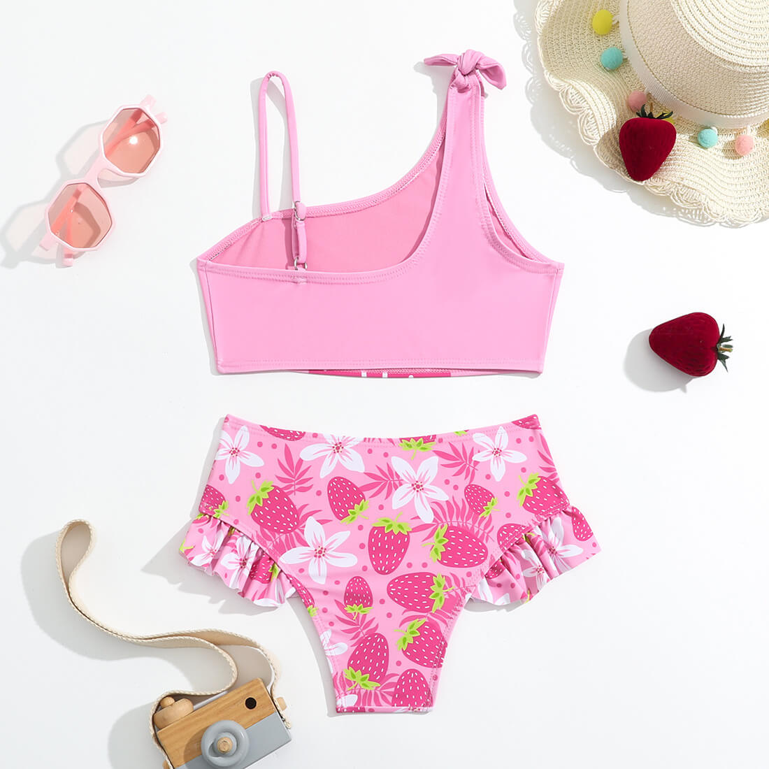 Little Girls Bowknot Shoulder Ruffle Strawberry Two Piece Swimsuit