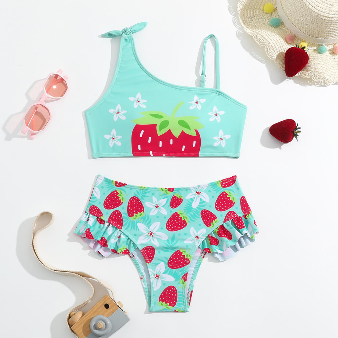 Little Girls Bowknot Shoulder Ruffle Strawberry Two Piece Swimsuit