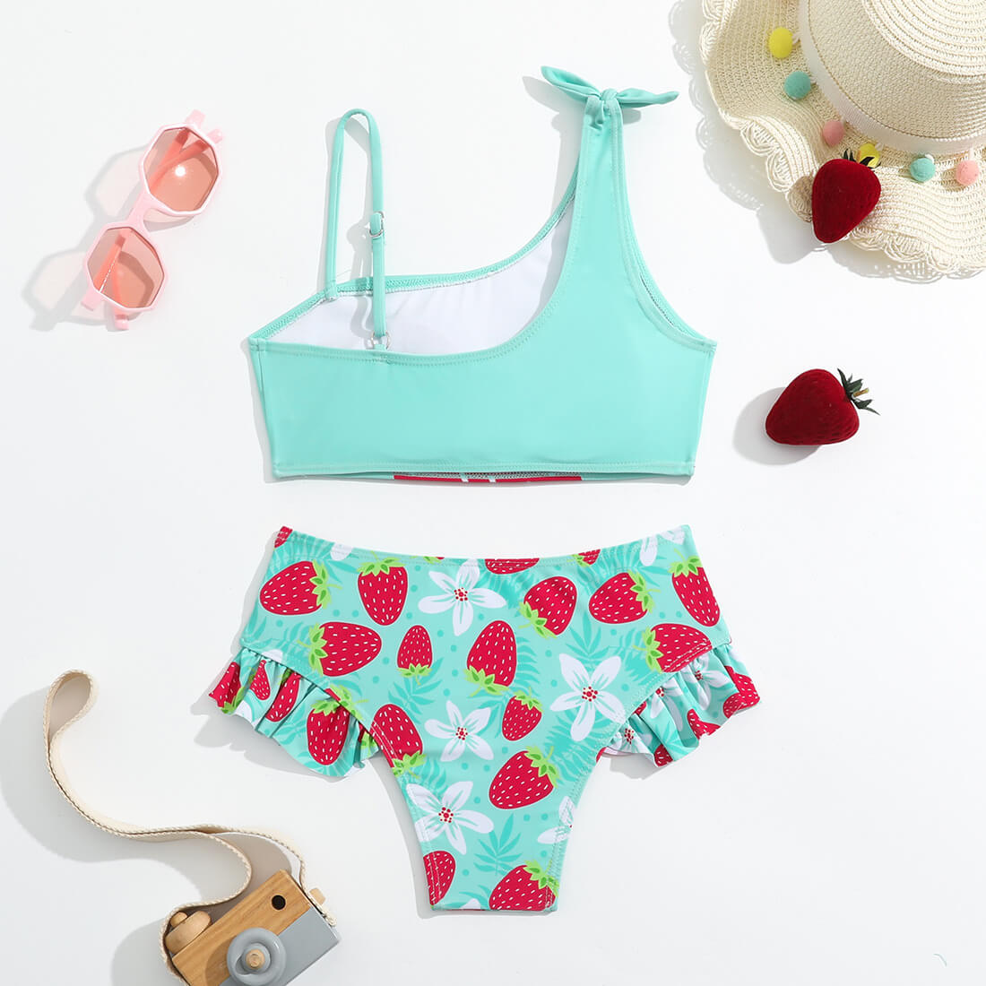 Little Girls Bowknot Shoulder Ruffle Strawberry Two Piece Swimsuit
