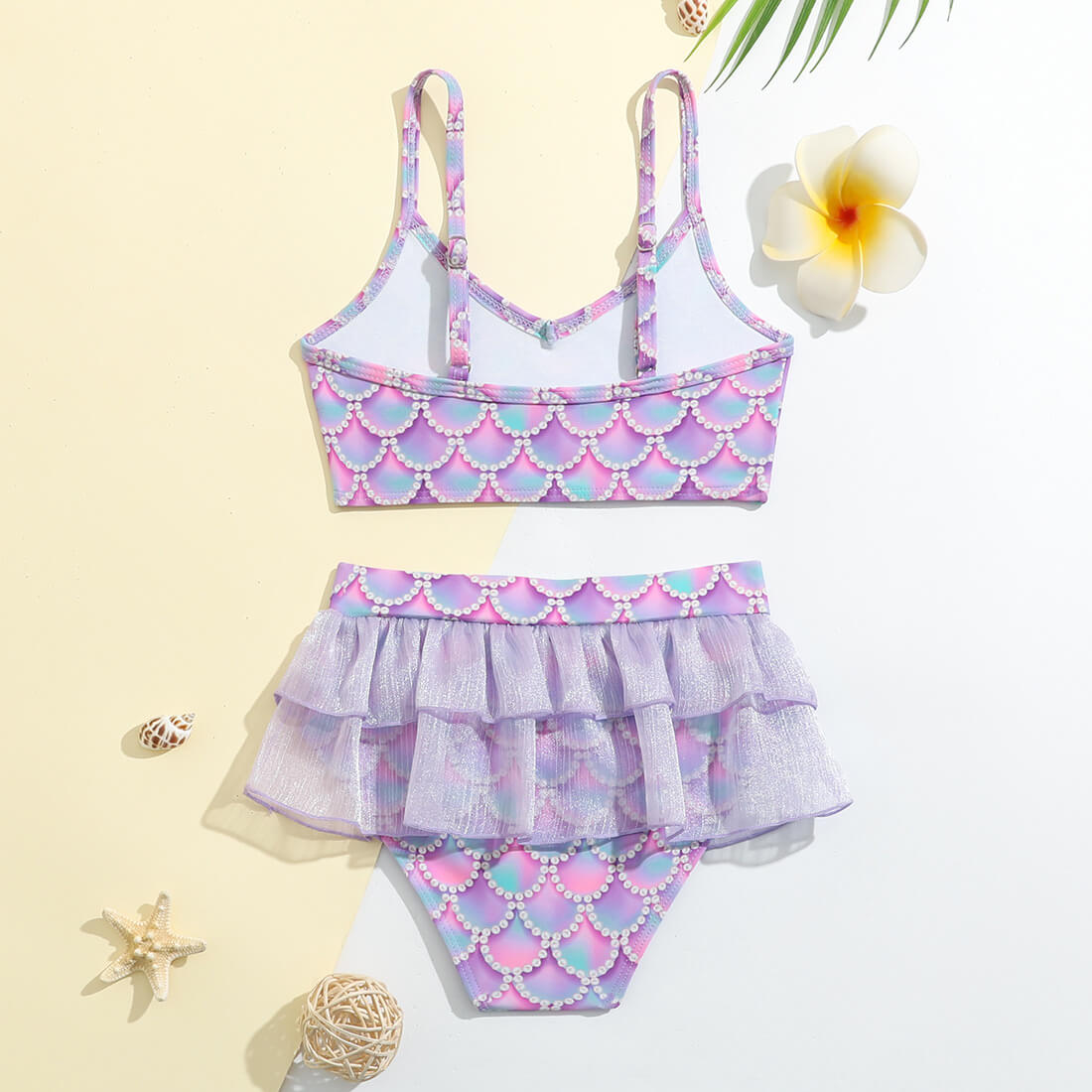 Little Girls Mermaid Scale Layered Tulle Tankini Two Piece Swimsuit