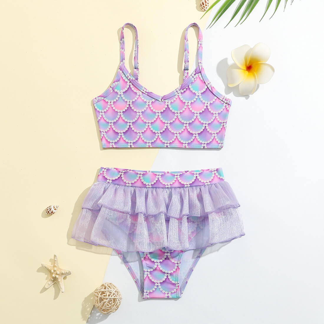 Little Girls Mermaid Scale Layered Tulle Tankini Two Piece Swimsuit