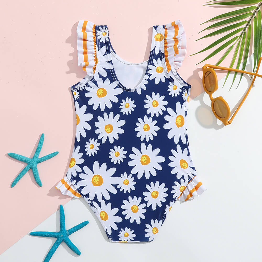 Little Girls Ruffle Trim Daisy Print One Piece Swimsuit