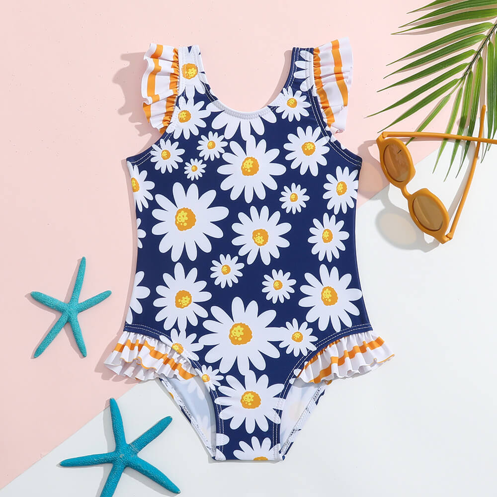 Little Girls Ruffle Trim Daisy Print One Piece Swimsuit