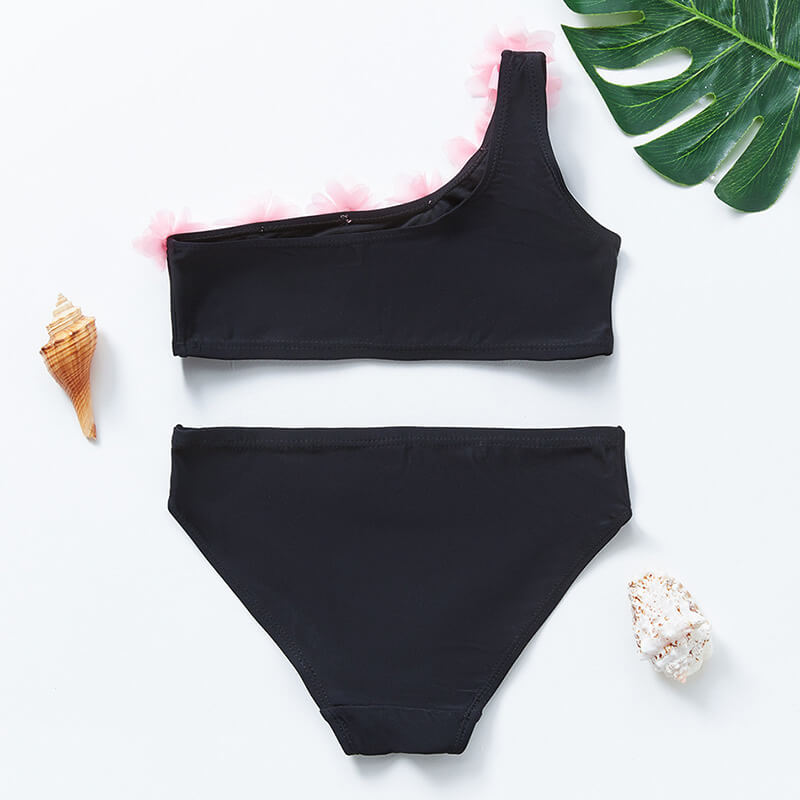 Little Girls Lace Flower Black One Shoulder Tankini Two Piece Swimsuit