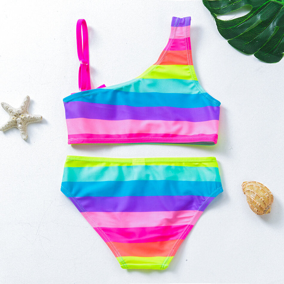 Little Girls Rainbow Stripes Bowknot Tankini Two Piece Swimsuit