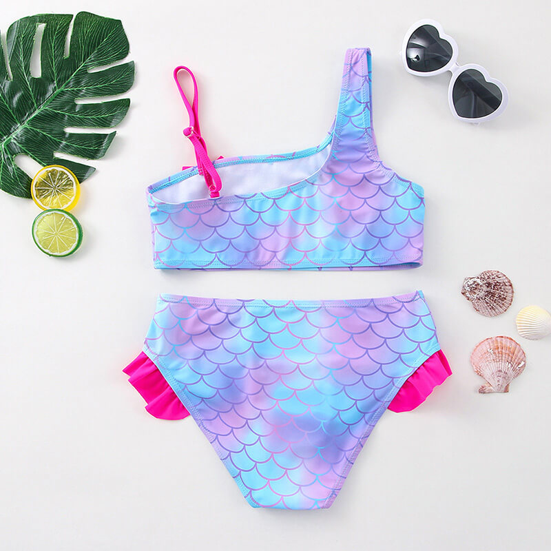 Little Girls Bowknot Shoulder Mermaid Scale Tankini Two Piece Swimsuit