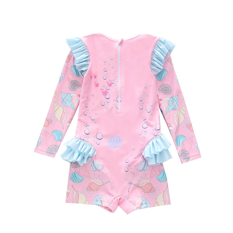 Girls Ruffle Detail Little Mermaid Long Sleeve Surf Rashguard Swimsuit