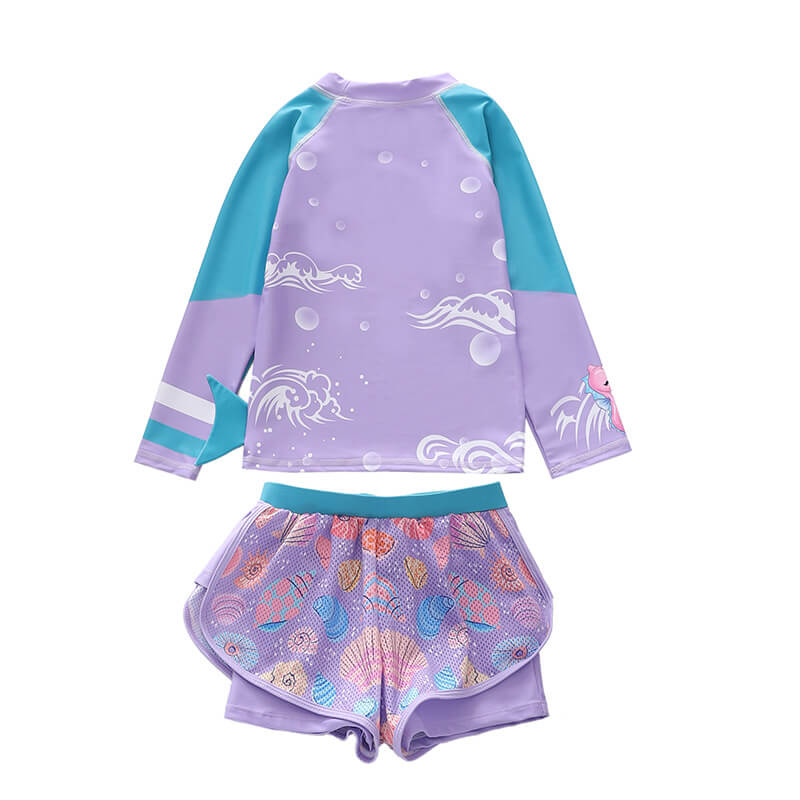 Girls Cute Conch Mermaid Long Sleeve Surf Rashguard Two Piece Swimsuit