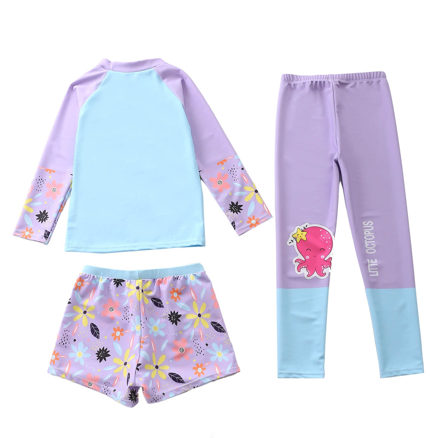 Girls Baby Octopus Print Long Sleeve Surf Rashguard 3 Pieces Swimsuit