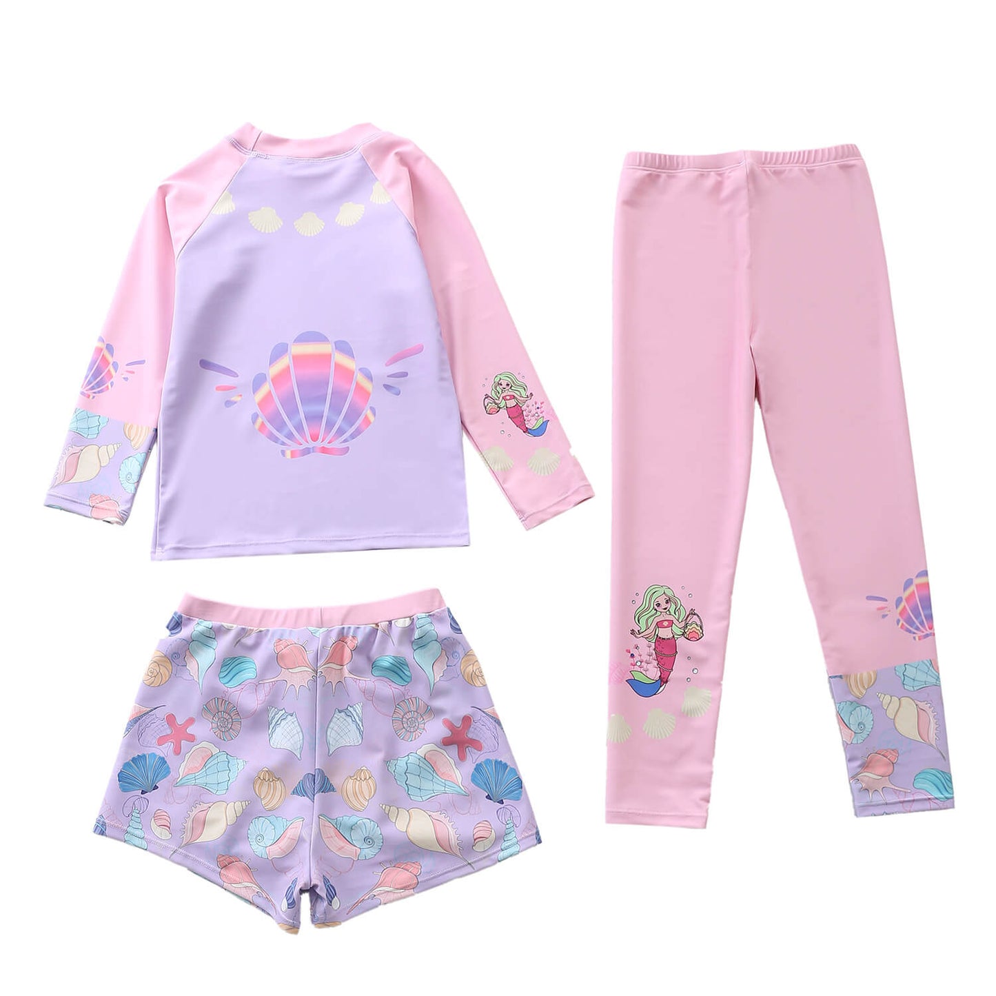 Little Girls Mermaid Long Sleeve Surf Rashguard 3 Pieces Swimsuit