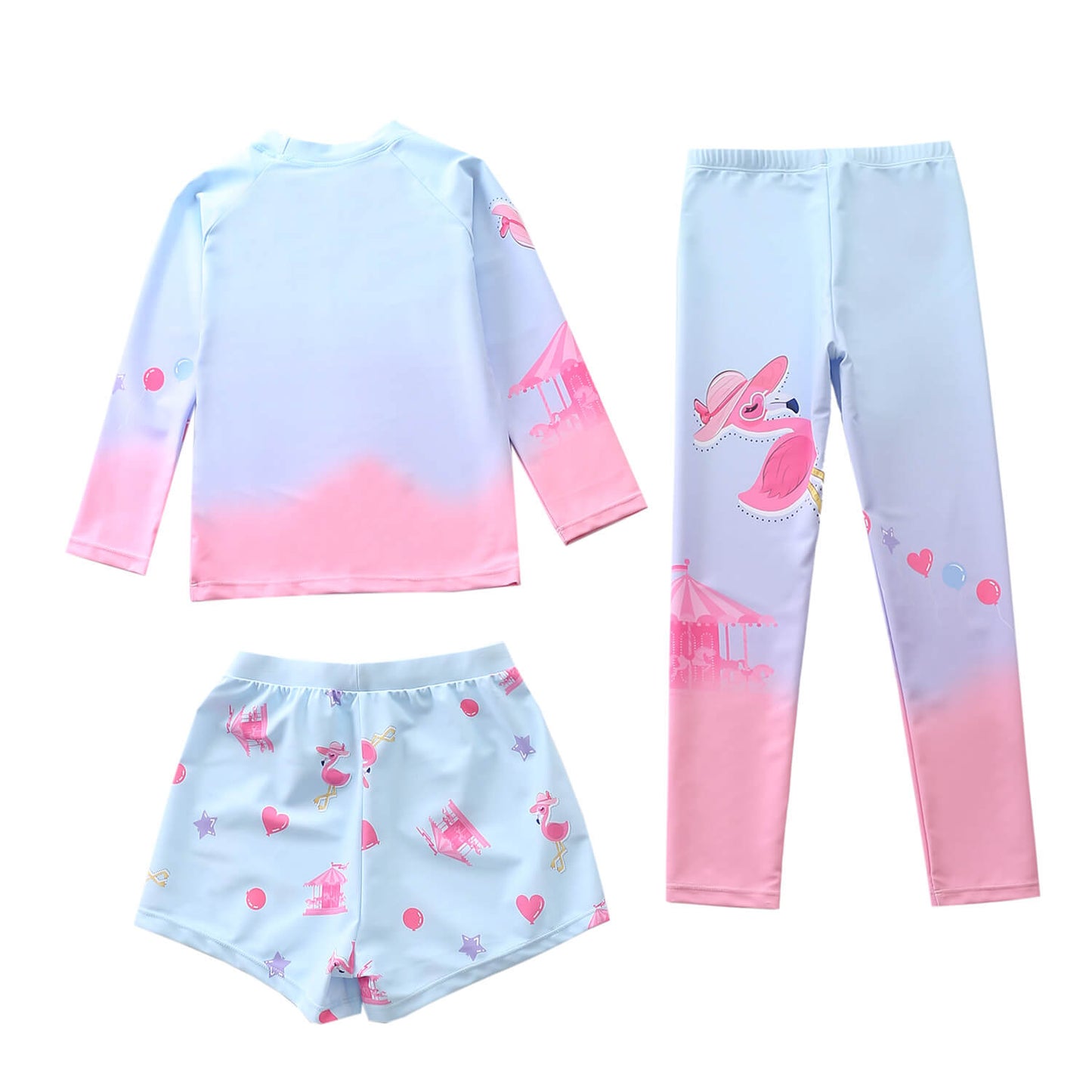 Girls Amusement Park Flamingo Print Long Surf Rashguard Swimsuit 3 Set
