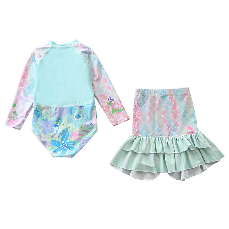 Little Girls Florals Mermaid Ruffle Surf Rashguard Two Piece Swimsuit
