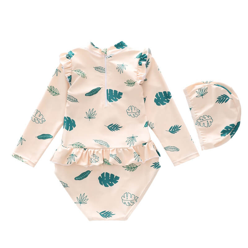 Little Girls Leaves Print Ruffle Detail Long Sleeve Rashguard Swimsuit