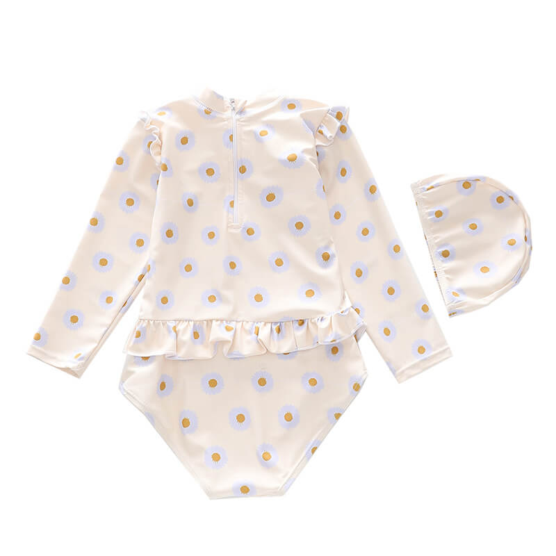 Little Girls Daisy Floral Print Long Sleeve Ruffle Rashguard Swimsuit