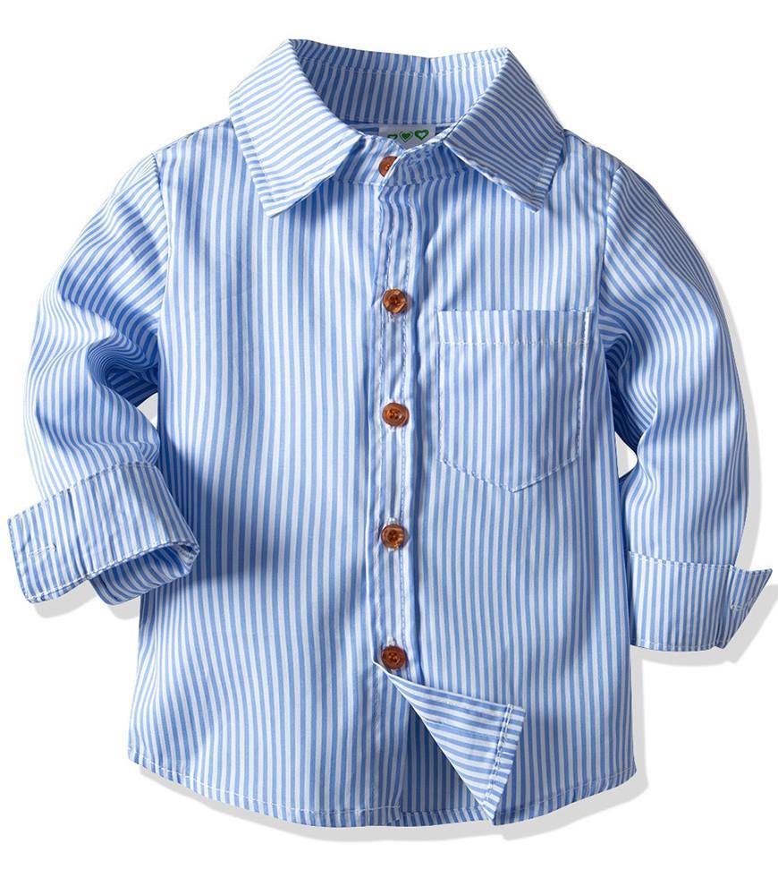 Blue Stripe Cotton Shirt With Red Bow Tie Suspender Pants Boys Outfit - FADCOCO