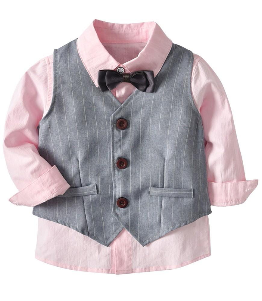 Pink Cotton Shirt Grey Stripe Waistcoat And Trousers Boys Blazer Suit