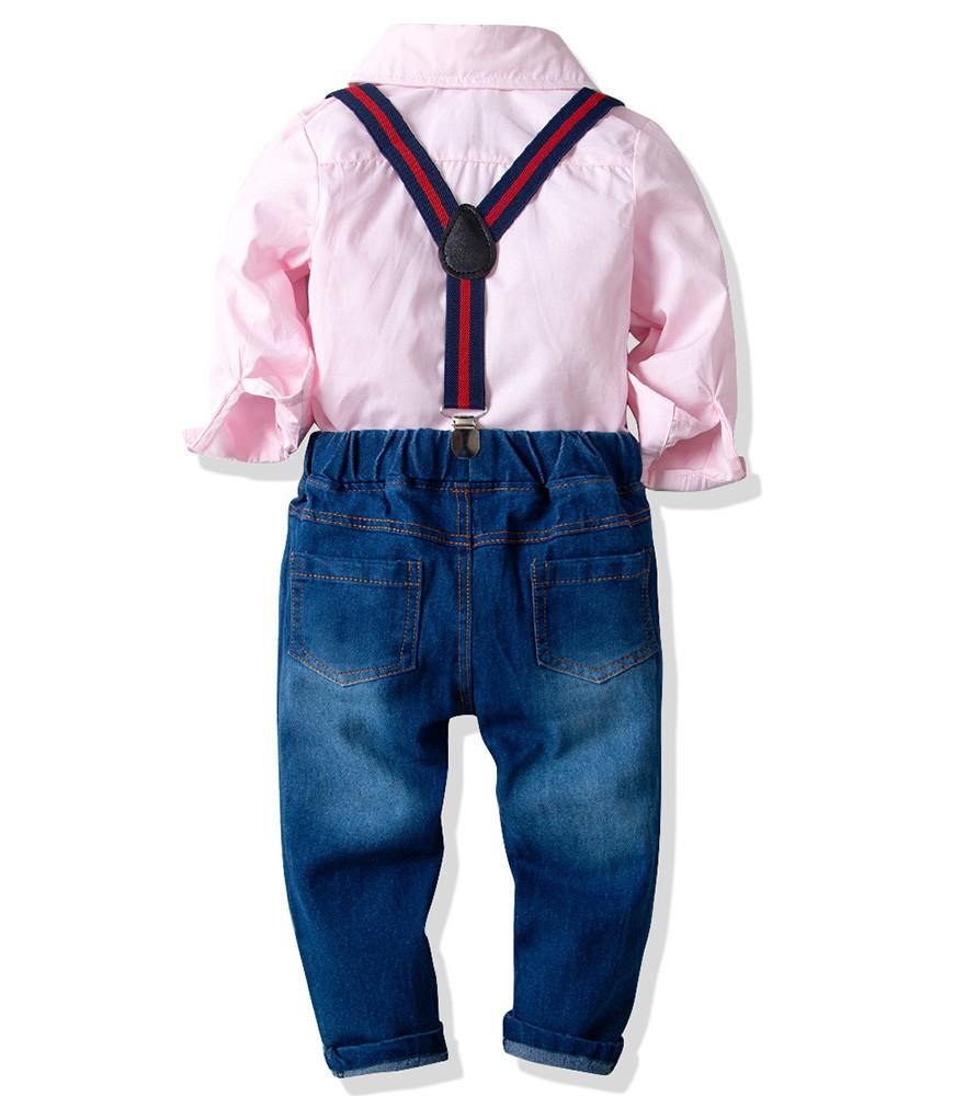 Pink Bow Tie Cotton Shirt And Suspender Jeans Boys Outfit Set