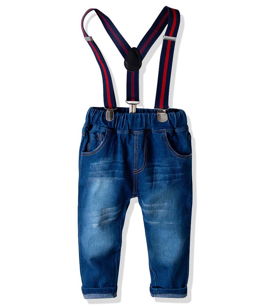 Pink Bow Tie Cotton Shirt And Suspender Jeans Boys Outfit Set