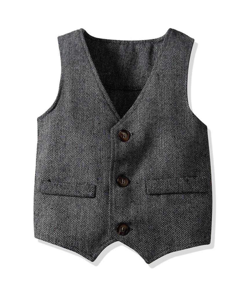White Cotton Shirt With Bow Tie Grey Vest N Pants Boys Suit Outfit Set