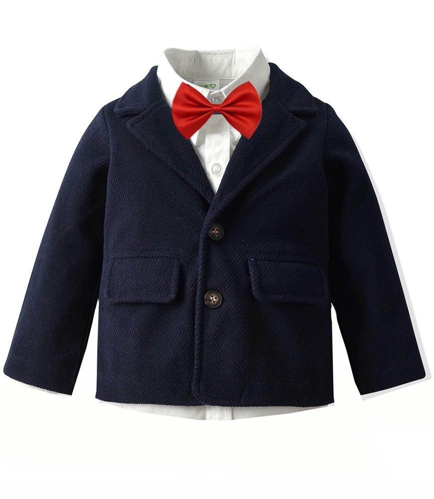Boys Suit Blue Blazer White Shirt And Suspender Pants 4 Pieces Outfit