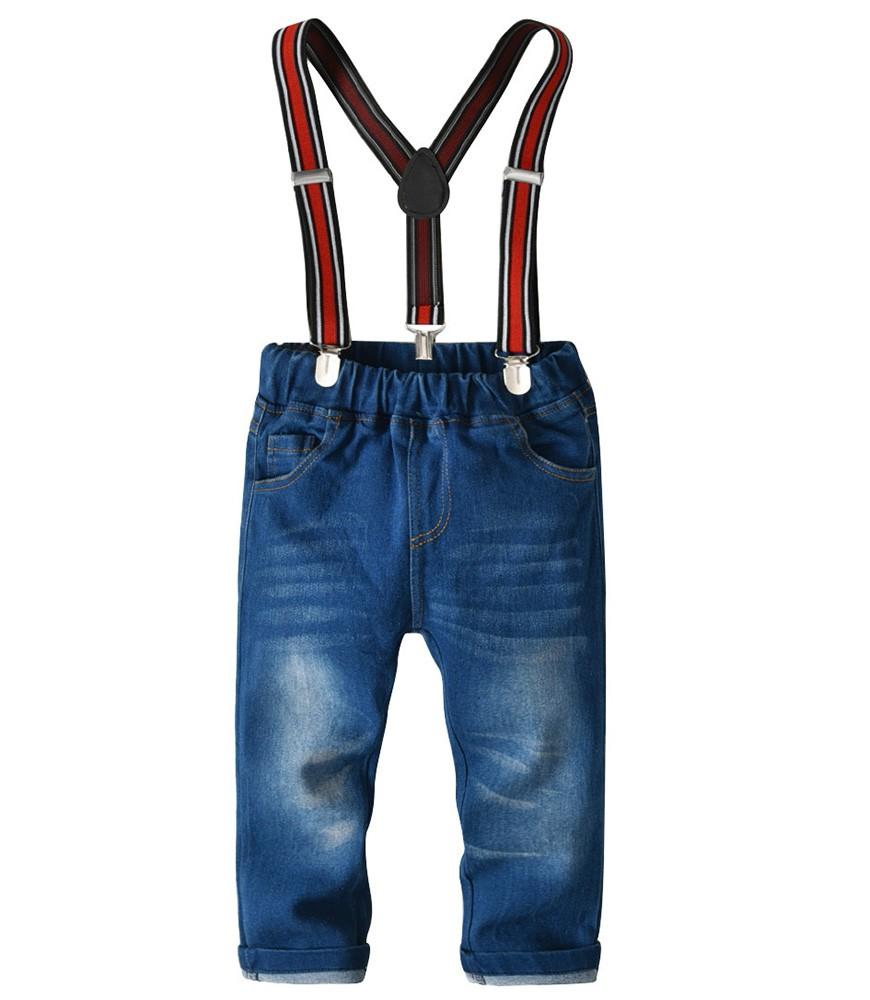 Dark Red Cotton Shirt With Bow Tie And Suspender Jeans Boys Outfit Set