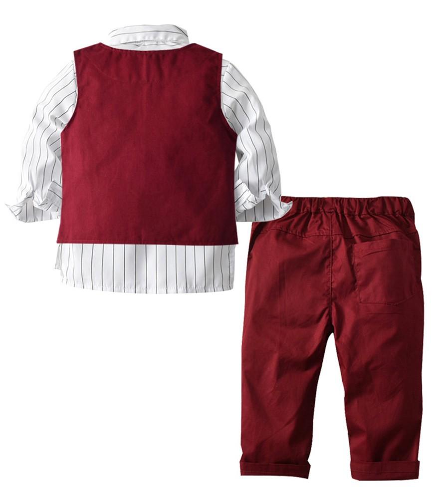 Boys Suit Outfit Set Bow-Tie Stripe Shirt Dark Red Waistcoat And Pants