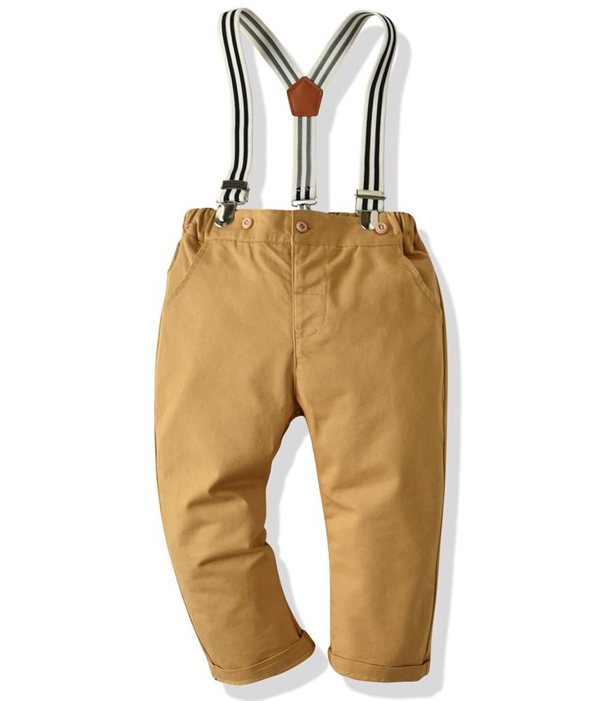 Boys White Bow-Tie Cotton Shirt And Khaki Suspender Pants Outfit Set