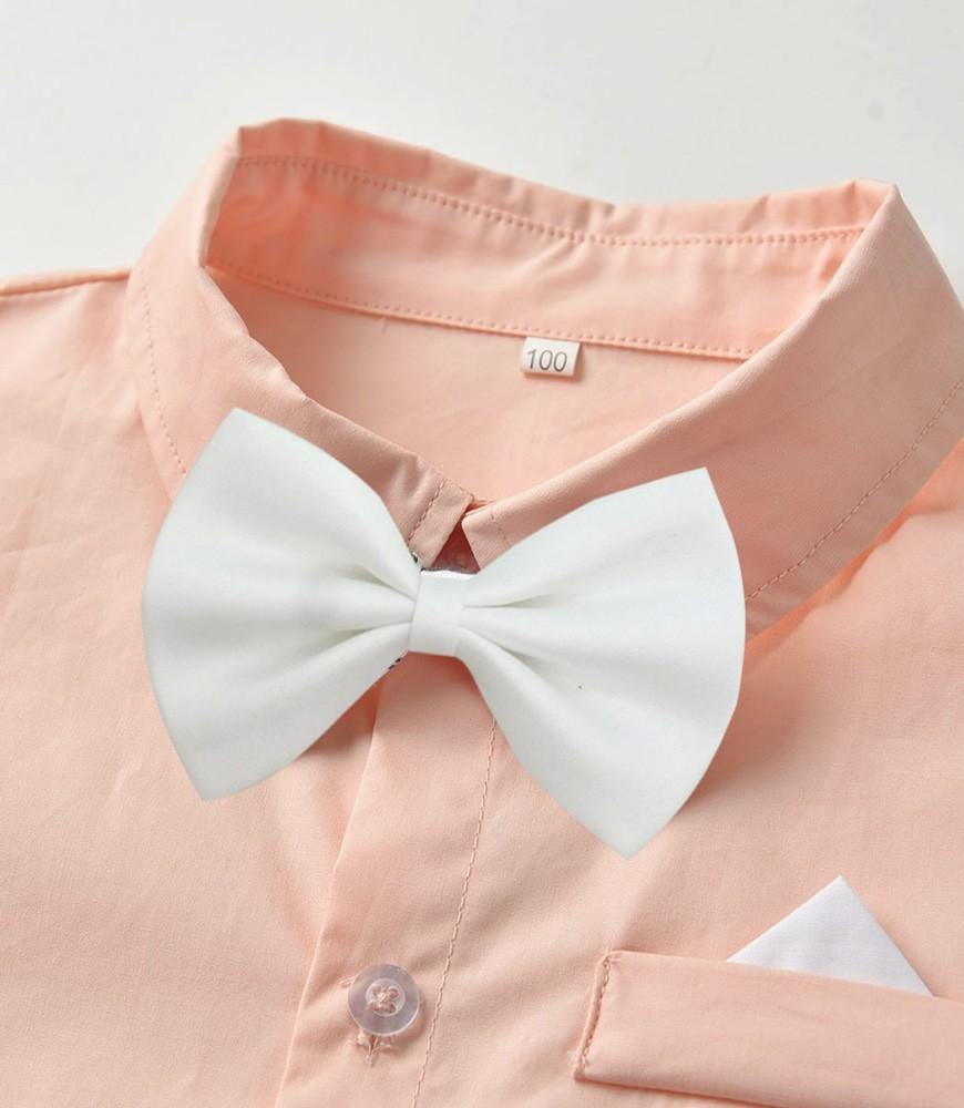 Boys Pink Cotton Shirt White Stripe Vest And Grey Pants Outfit Set - FADCOCO