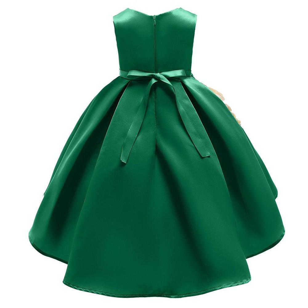 Flower Girls Green Applique Sleeveless High Low Party Gown Dress