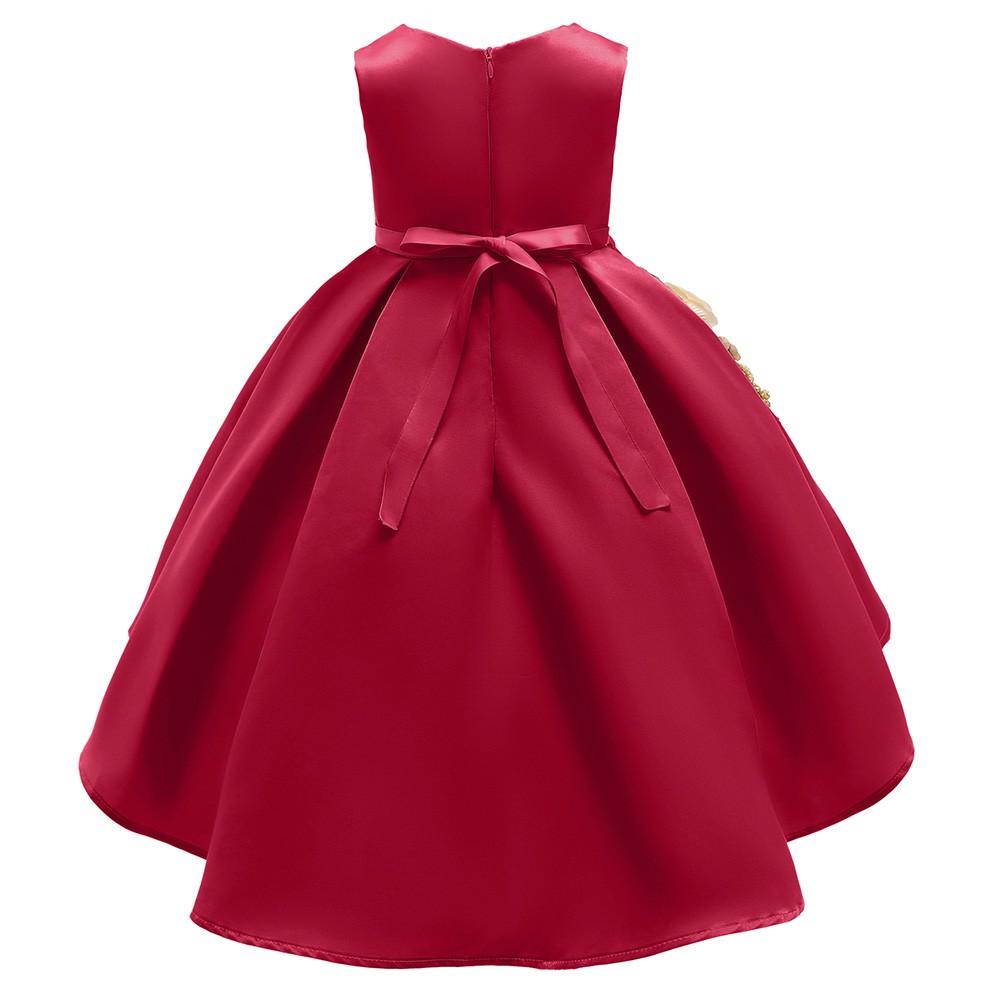 Red Applique Flower Girls Sleeveless Bowknot Birthday Party Gown Dress