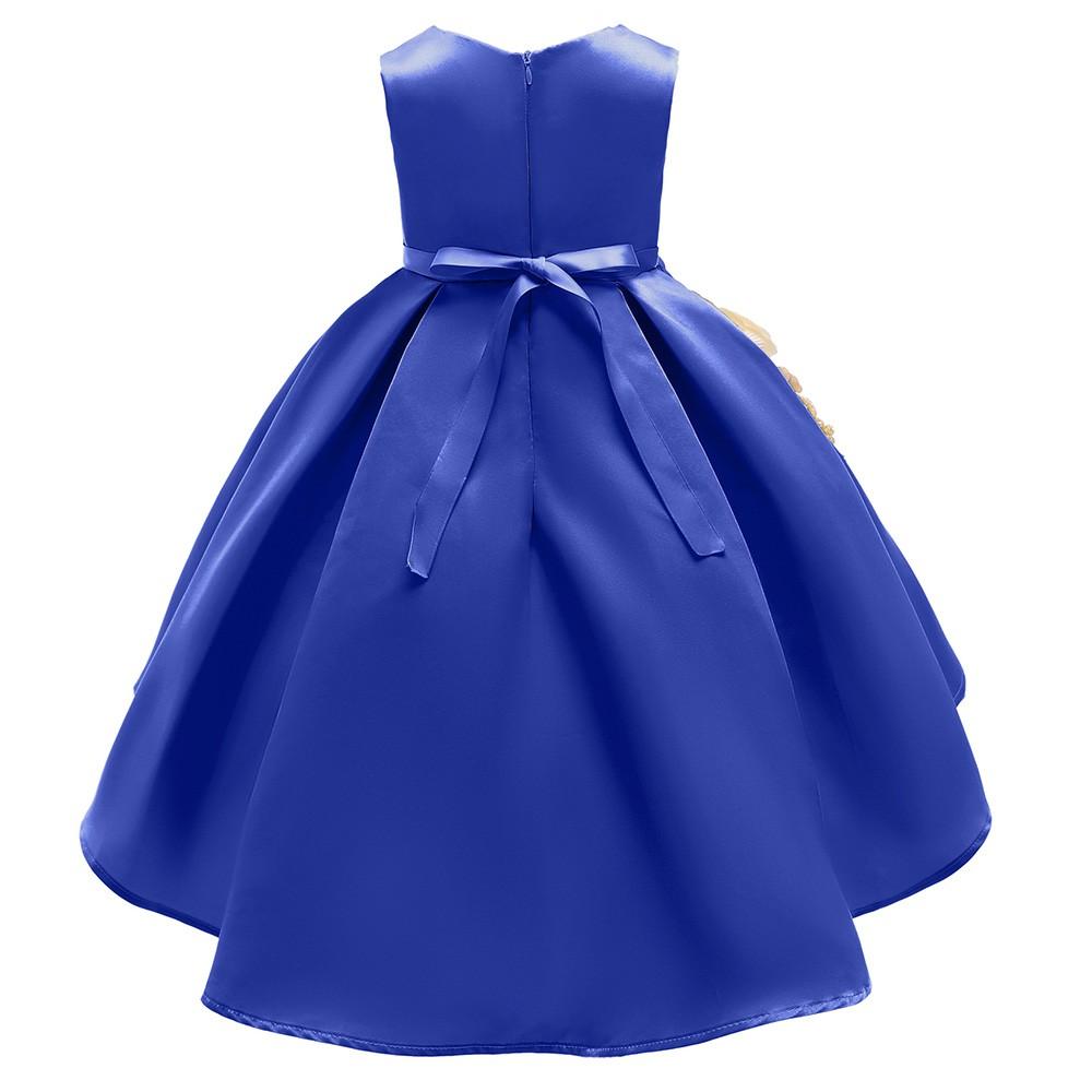 Blue Sleeveless Bow Tie Back Flower Girls Birthday Party Gown Dress