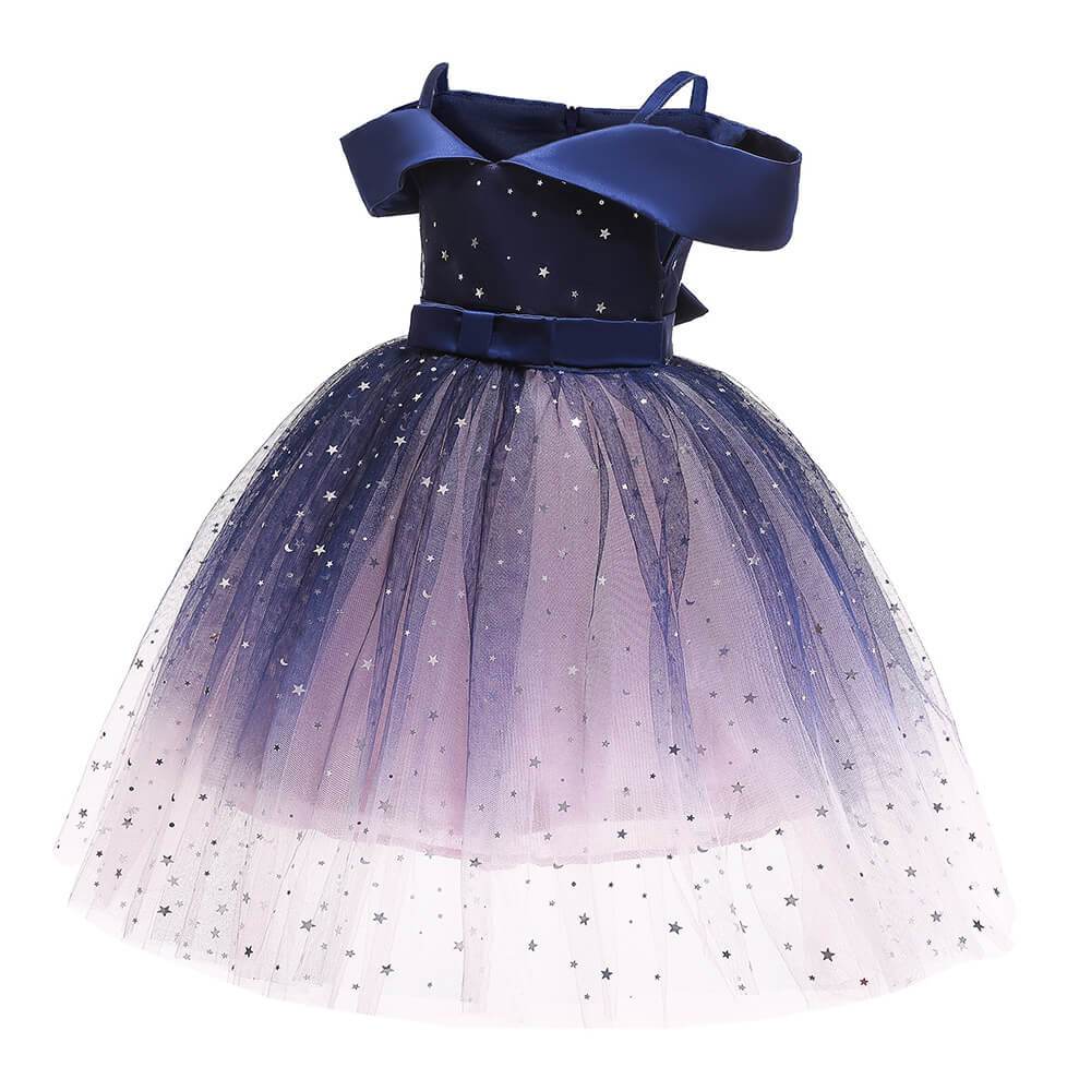 Girls Dark Blue Off The Shoulder Sequin Tulle Formal Gowns Party Dress