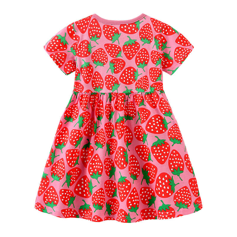 Girls Red Short Sleeve Strawberry Print Cotton Skater Dress