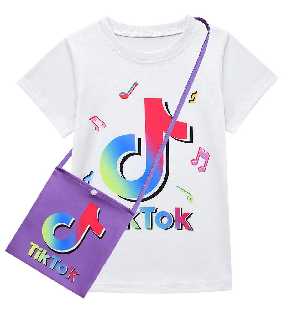 Girls Tik Tok Print T Shirt Skirt Suits Costume With Bag