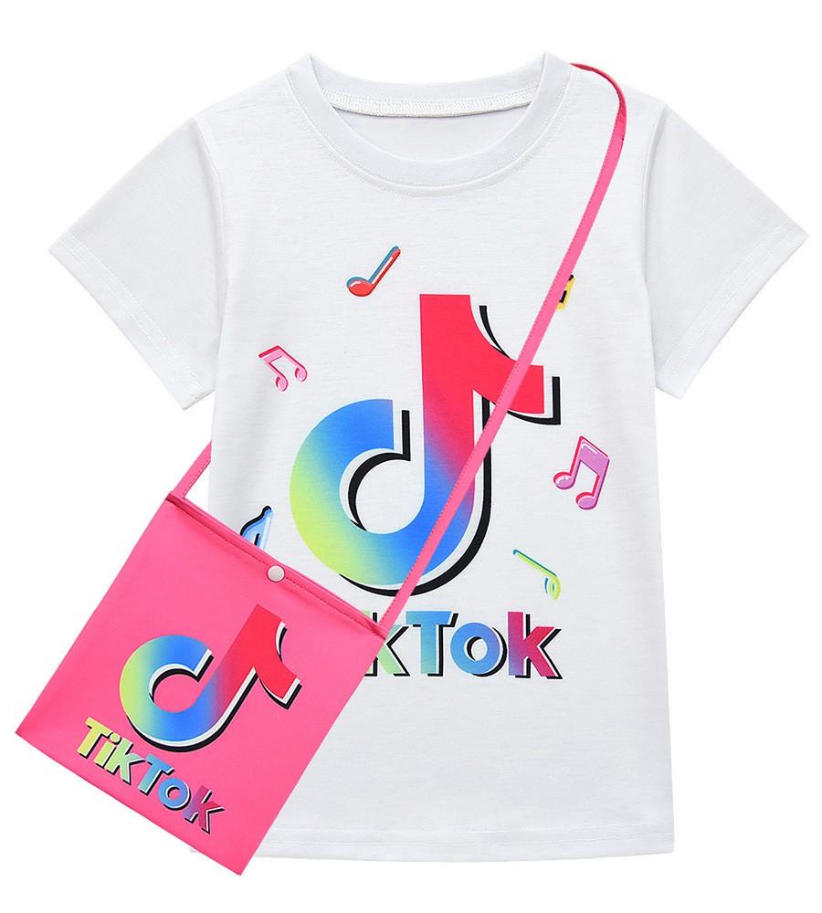Girls Tik Tok Print T Shirt Skirt Suits Costume With Bag