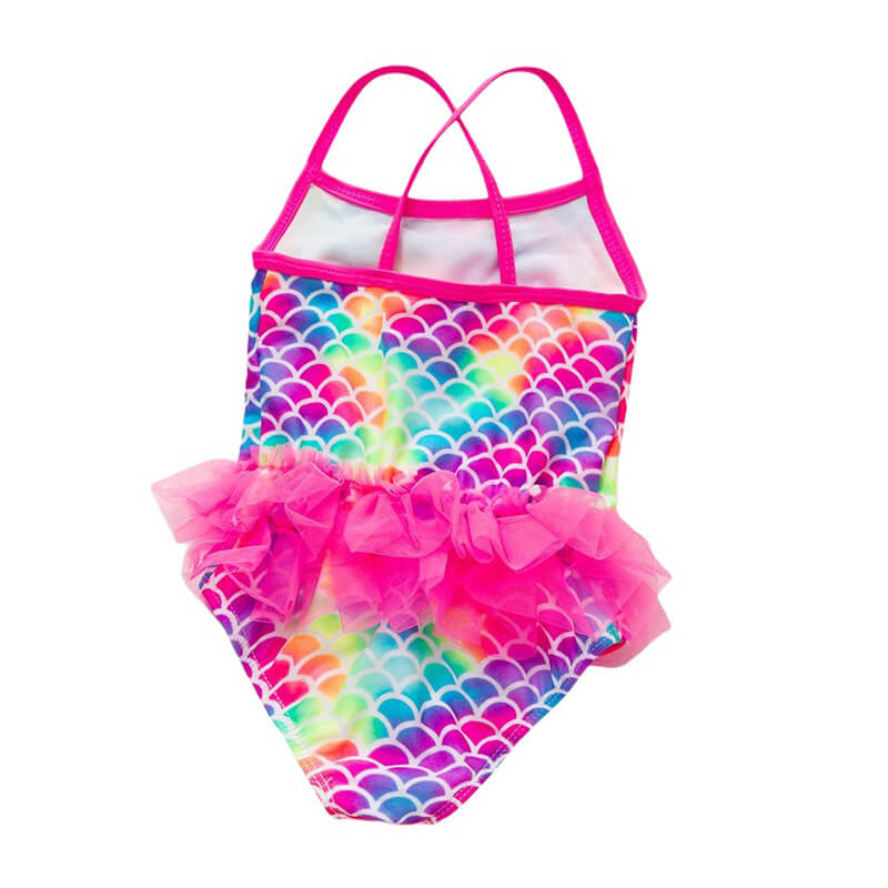 Little Girls Rainbow Mermaid Fish Scale Tutu Waist One Piece Swimsuit