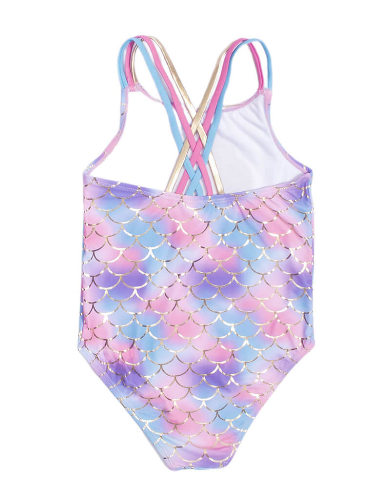 Sequined Shell Mermaid Fish Scale Print Pink Girls One Piece Swimsuit