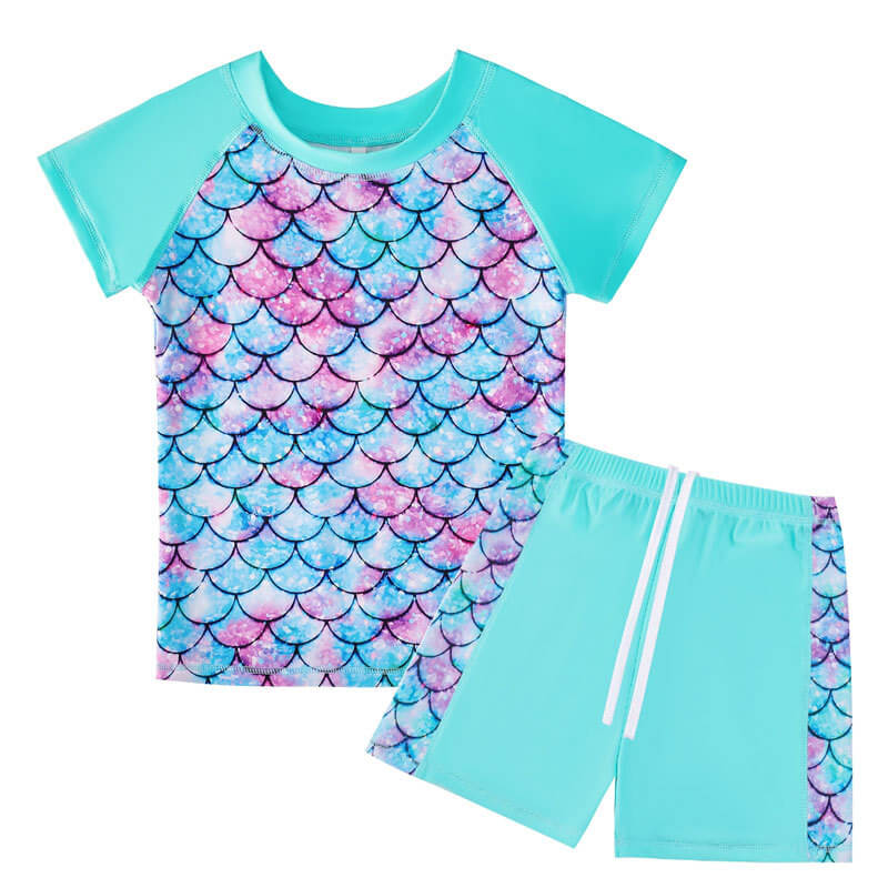 Girls Mermaid Print Short Sleeve Rashguard Boyshort 2-Piece Swimsuit