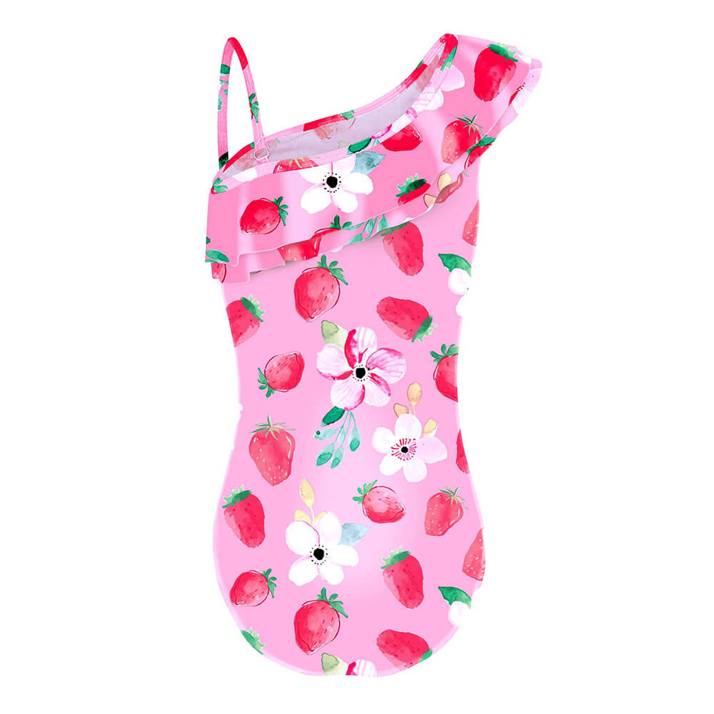 Girls Pink Strawberry Prints Ruffle One Shoulder One Piece Swimsuit